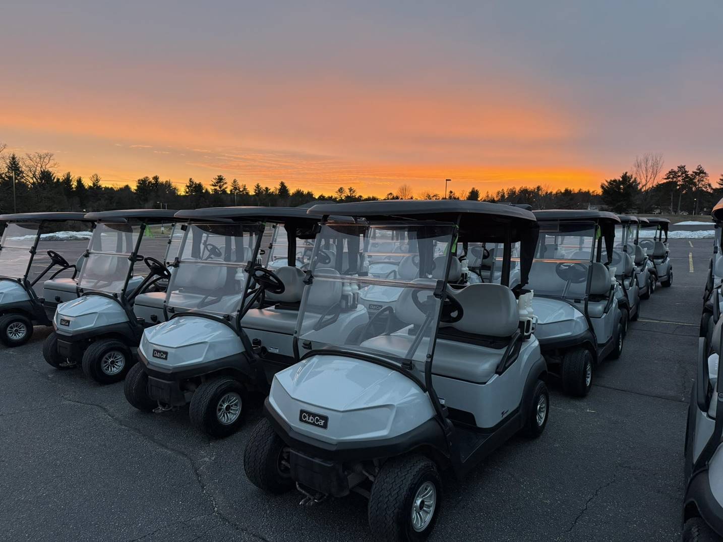 Golf carts lined up in rows in a parking lot
