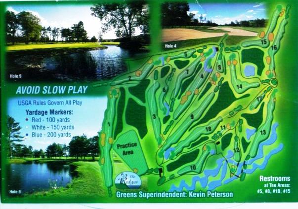 Scorecard for The Ridges Golf Course reading red 100 yards, white 150 yards, and blue 200 yards