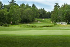 Putting green with a flagstick and bridge leading to a path
