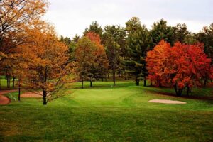 Vibrant autumn trees surrounding the putting green and sand trap